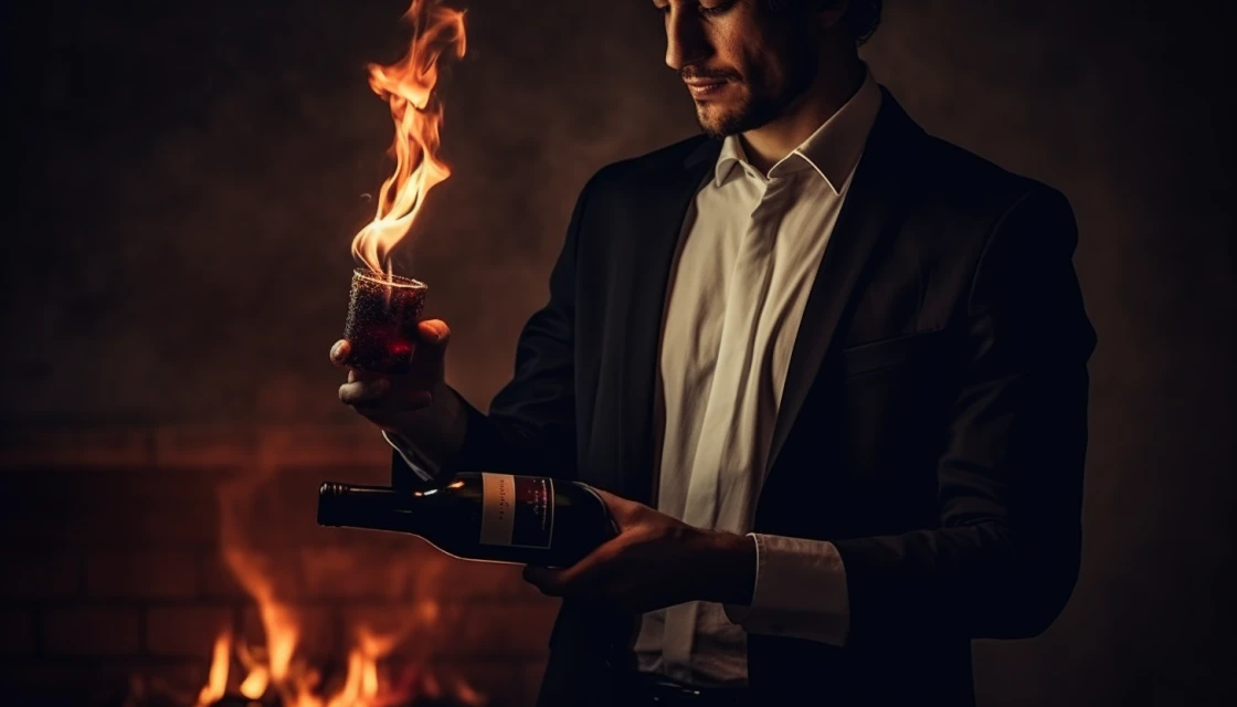 Мужчинка держит в руках бутылку вина с огнём