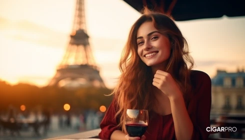 Девушка с бокалом красного вина на фоне эльфелевой башни