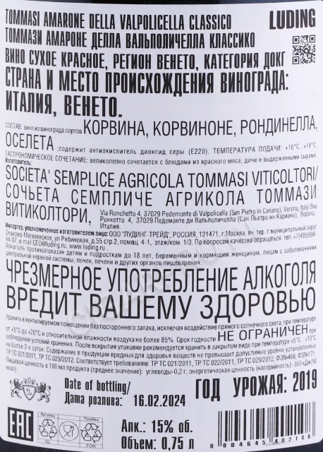 Контрэтикетка Вино Томмази Амароне делла Вальполичелла Классико ДОКГ 0.75л